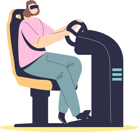 Fille dans des lunettes vr jouant à l'aide du joystick du volant  Illustration