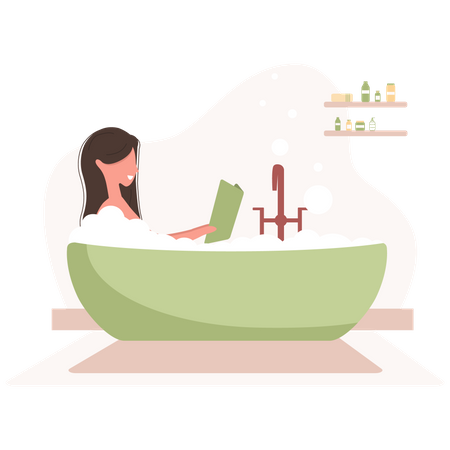 Fille dans un livre de lecture de baignoire  Illustration