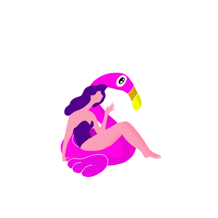 Fille dans la piscine au flamant rose  Illustration