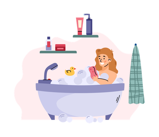 Fille dans la salle de bain prenant un bain  Illustration