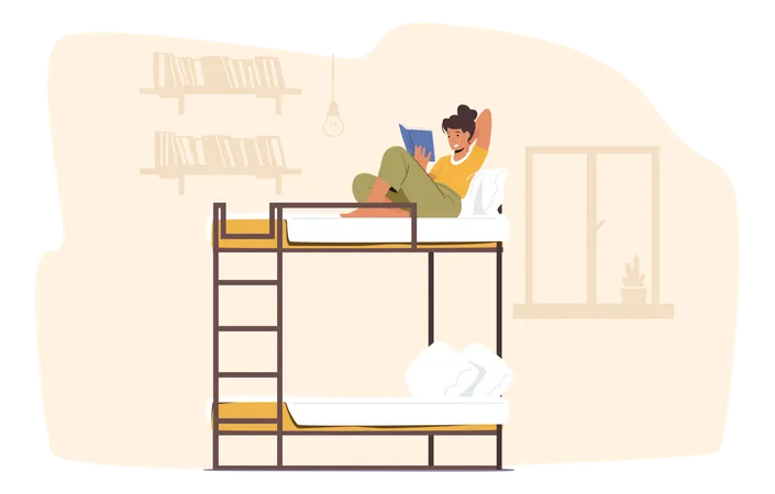 Fille dans un dortoir universitaire lisant un livre tout en étant assise sur un lit superposé  Illustration