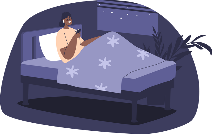 Une fille dans un casque utilise un smartphone allongé dans son lit  Illustration
