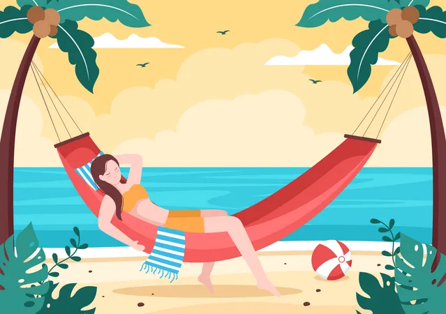 Fille dans un hamac relaxant sur la plage  Illustration