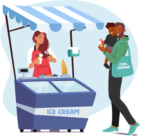 Fille de crème glacée vend des produits de crème glacée  Illustration