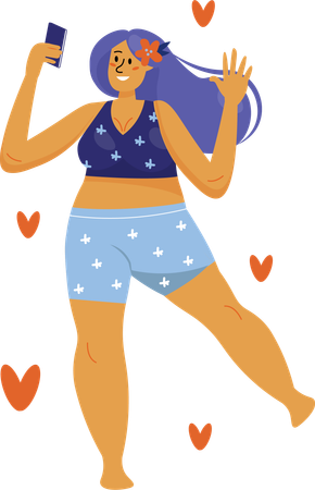Fille de grande taille heureuse et bloguant sur la positivité corporelle sur les réseaux sociaux  Illustration