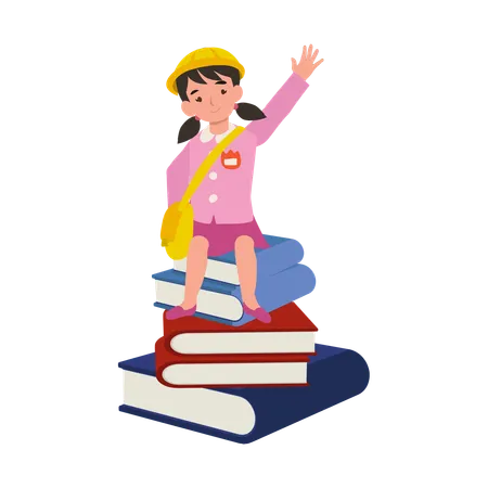 Une fille joyeuse de maternelle salue assise sur une grande pile de livres avec un grand sourire  Illustration