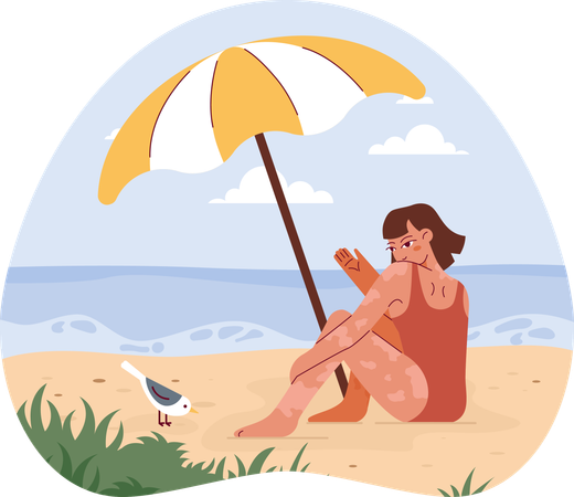 Fille de plage assise à la plage sous un parasol  Illustration