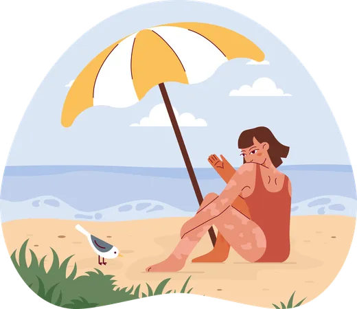 Fille de plage assise à la plage sous un parasol  Illustration