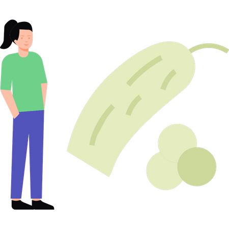 Fille debout à côté d’un concombre  Illustration