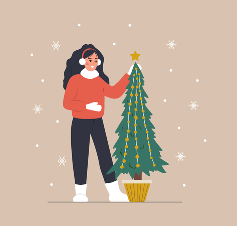 Fille debout à côté de l'arbre de Noël  Illustration