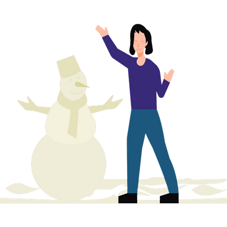 Fille debout à côté du bonhomme de neige  Illustration