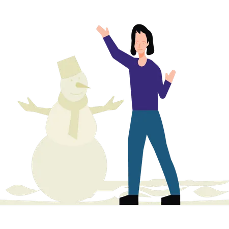 Fille debout à côté du bonhomme de neige  Illustration