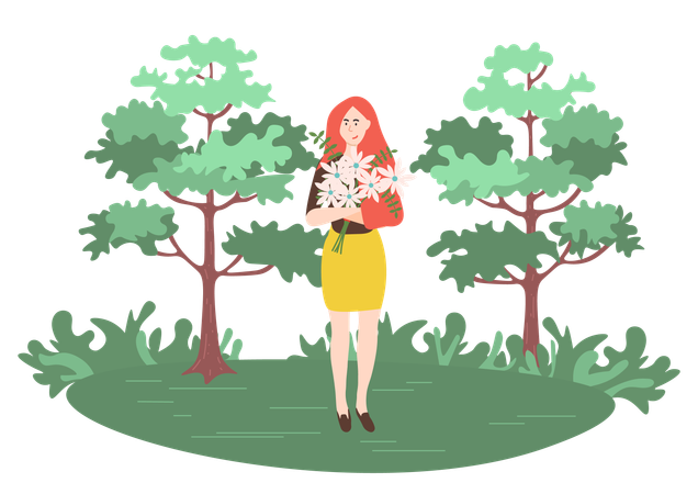 Fille debout avec bouquet  Illustration