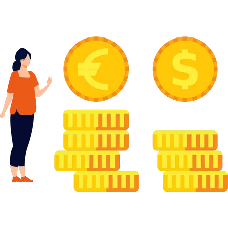 Fille debout avec des pièces en dollars et en euros  Illustration