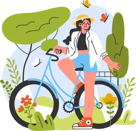 Fille debout avec vélo  Illustration