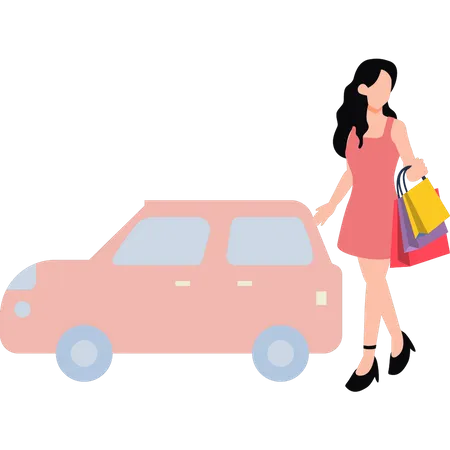 Fille debout à l'extérieur de la voiture avec des sacs  Illustration