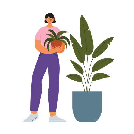 Fille debout et tenant une plante d'intérieur  Illustration