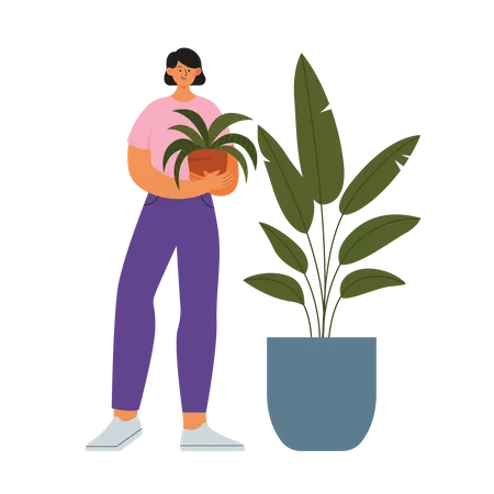 Fille debout et tenant une plante d'intérieur  Illustration