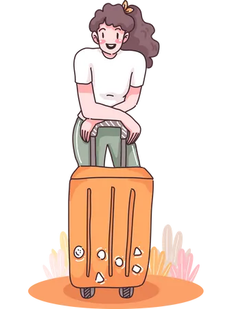 Fille debout près d'une valise  Illustration