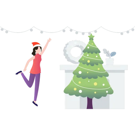 Fille debout près de l'arbre de Noël  Illustration