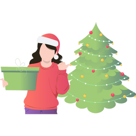 Fille debout près de l'arbre de Noël avec un cadeau  Illustration