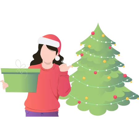 Fille debout près de l'arbre de Noël avec un cadeau  Illustration