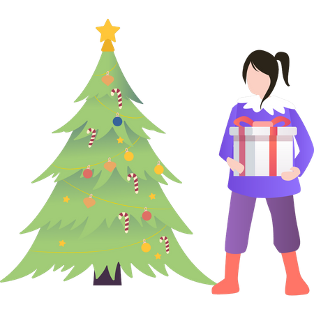 Fille debout près de l'arbre de Noël avec un cadeau  Illustration