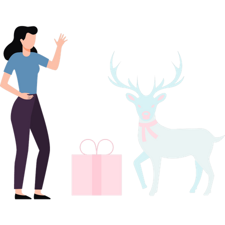 Fille debout près des rennes et des cadeaux de Noël  Illustration
