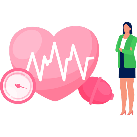 Fille debout près d'un cœur sain et d'un stéthoscope  Illustration