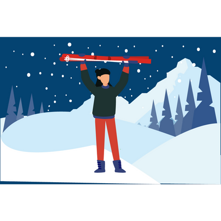 Fille debout tenant des bâtons de ski sur glace  Illustration