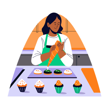 Fille décorant des cupcakes  Illustration