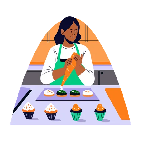 Fille décorant des cupcakes  Illustration