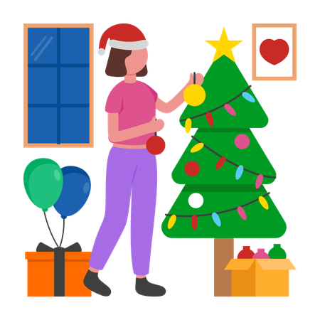Fille décorant l'arbre de Noël  Illustration