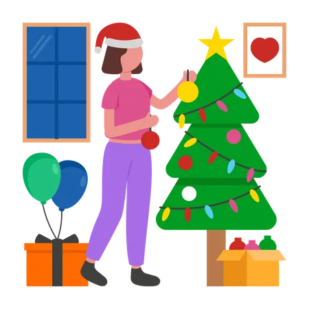 Fille décorant l'arbre de Noël  Illustration