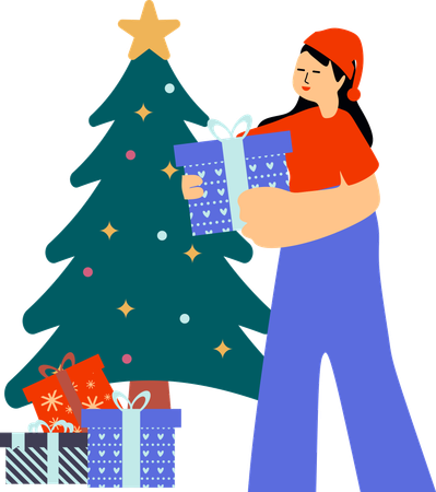 Fille décorant le sapin de Noël avec des cadeaux de Noël  Illustration