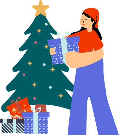 Fille décorant le sapin de Noël avec des cadeaux de Noël  Illustration