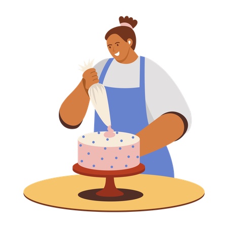 Fille décorant un gâteau avec de la crème glacée  Illustration