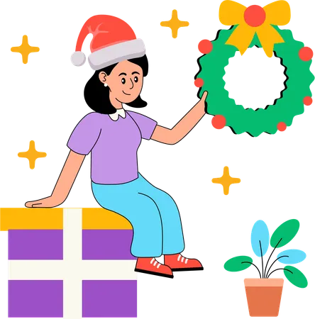 Fille décorant une couronne de Noël  Illustration