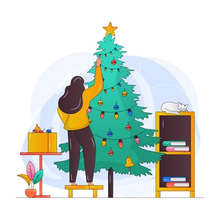 Fille décorant l'arbre de Noël  Illustration