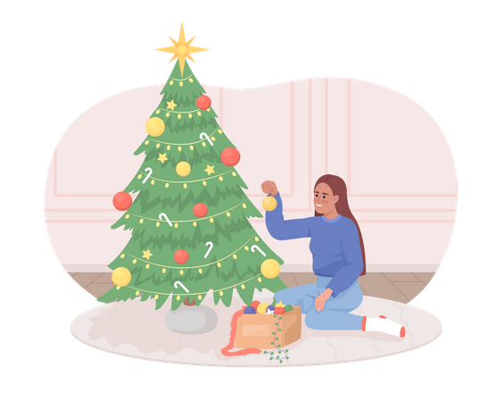 Fille décorant l'arbre de Noël  Illustration