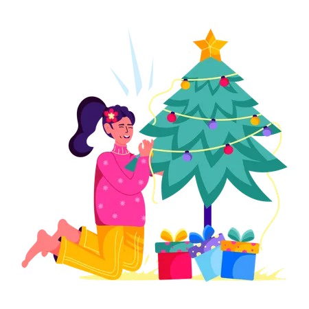 Fille décorer l'arbre de Noël  Illustration