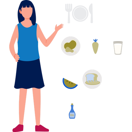 Fille décrivant les avantages d'un repas sain  Illustration