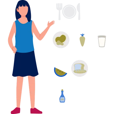 Fille décrivant les avantages d'un repas sain  Illustration