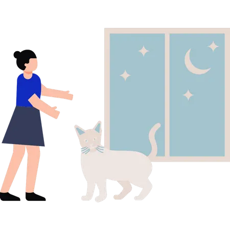 Fille demandant au chat de venir  Illustration