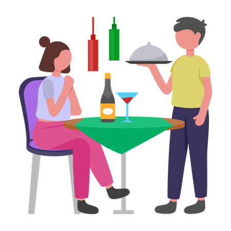 Fille en train de dîner au restaurant  Illustration