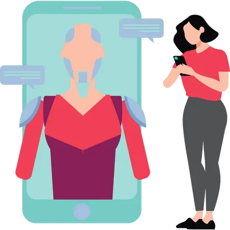 Fille discutant avec chatbot sur mobile  Illustration