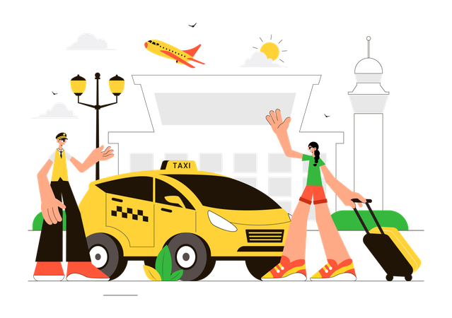 Une fille dit bonjour au chauffeur de taxi pour aller à l'aéroport  Illustration