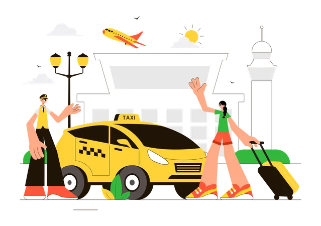 Une fille dit bonjour au chauffeur de taxi pour aller à l'aéroport  Illustration