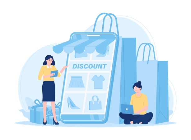 Fille faisant la promotion de la boutique en ligne  Illustration