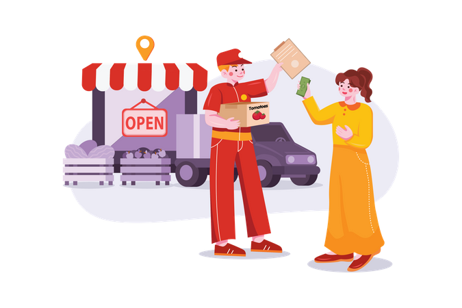 Fille donnant de l'argent au livreur pour la livraison d'épicerie en ligne  Illustration